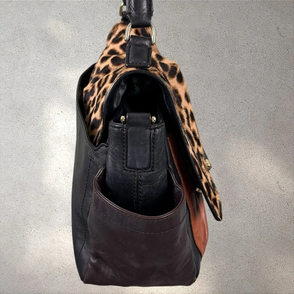 Diane von Furstenberg 440 Courier‎ Calf Hair Leopard Leather Hand Bag Purse Tote